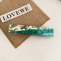 Rectangle acetate hair clip with green floral marble pattern and spring closure - Green