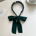 Elegant dark green velvet headband featuring pearls and a large satin bow with streamers - Dark Green