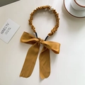 Serre-tête en tissu jaune gingembre avec rubans élégants et perles pour femmes - Curcuma