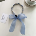 Light blue fabric headband with large silk bow, faux pearls and sparkling rhinestones - Pearl Rhinestone Light Blue