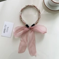 Serre-tête élégant rose avec ruban, perles blanches et accents en métal doré - Perle Strass Rose