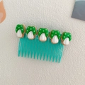 Blue kids' hair side comb featuring five cute green resin mushrooms with white polka dots - Green Vegetable