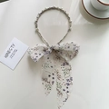 Serre-tête floral avec perles blanches et long ruban en mousseline crème à fleurs - Blanc Floral