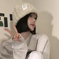 Chic beige chunky knit beanie for women featuring a minimalist square label design - One Size / Twisted Chain / Beige