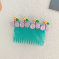 Mint green children's hair side comb with cute purple cherries and yellow flower decor - Purple Cherry