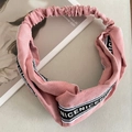 Pink cartoon bear knitted headband with twisted knot and NICE printed ribbons - Pink
