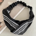 Elastic black knotted knit headband with decorative white N-I-C-E logo ribbon detail - 13# Black and White Letters