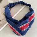 Dark blue twisted knit headband with red-white NICE strap and elastic back for women - 14# Blue and Red Letters