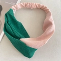 Green and pink contrast knitted headband with waffle texture and central knot design - 20-Pink Green