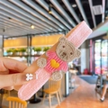 Pink knitted hair clip with cute crochet bear and yellow heart embroidery detail - Pink Shirt Bear