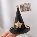 Mini Halloween wizard hat hair clip with black glitter finish and golden stars - Black Top Hat