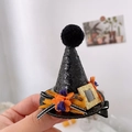 Halloween witch hat hair clip with black sequins, orange flower, and striped ribbon bow - Flower Top Hat