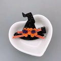 Halloween witch hat hair clip with black sequins and orange flowers on white heart plate - Flower Hat