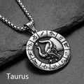 Macro view of retro silver Taurus zodiac pendant with embossed bull and box chain - Pendant Only (Without Chain) Taurus Silver