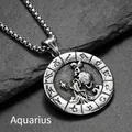 Détail macro du pendentif Verseau en acier titane argenté avec signes du zodiaque - Pendentif Seul (Sans Chaîne) Verseau Argent