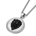 Dettaglio del ciondolo testa di leone con greca e occhi incastonati di cristalli lucidi - Solo Pendente (Senza Catena) - Argento & Nero