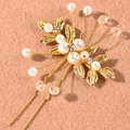 Épingle à cheveux de mariée faite main avec feuilles dorées et perles sur beige - Or