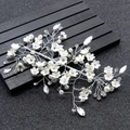 Handmade bridal hair vine with white flowers, pearls and crystals on silver wire - White