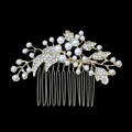 Detailed view of bridal hair comb with pearls and rhinestones on gold alloy base - Gold