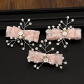 Pink lace hair clips set with pearls and rhinestones for girl birthday party - Pink With Silver Wire