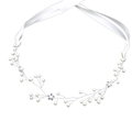 Détail du bandeau de mariée avec perles, cristaux et rubans en satin blanc - Argent