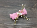 Pink lace bow hair clip with white flowers, pearls and rhinestones for flower girls - Pink With Gold Wire