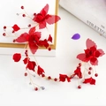 Catena per capelli da sposa con fiori rossi, farfalle e accenti di cristallo - Cerchietto