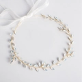 Minimalist bridal gold vine crown with opal white leaves and white silk ribbon - Gold Wire Milky Zirconia With Ribbon