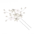 U-shaped bridal hair pin with white frosted flowers, pearls and silver crystals - Wire / Silver