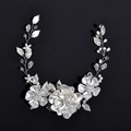 Detail of bridal headband with handmade white pearls, silver leaves and crystal droplets - All Silver / Silver