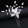 Horquilla de novia plateada con hojas de cristal y perlas blancas para peinado de boda - Horquilla en Forma de U / Plateado