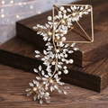 Elegante diadema de novia con hilos dorados hechos a mano, perlas blancas y diamantes de imitación - Dorado