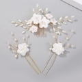 Handmade bridal hair accessories set with white flowers and pearls on golden wire - Gold Hair Accessory 3pcs Set / Gold