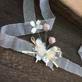 Floral bridal wrist corsage with white flowers, pink buds, rhinestones, and organza ribbon - Pink Wrist Bracelet