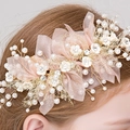 Accessorio floreale per capelli con perle, fiocco in tulle rosa e strass lucidi - Oro