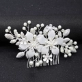 Silberner Braut-Haarkamm mit eleganten Legierungsblüten und weißen Perlen auf schwarzem Grund - Silber (2 Blumen)