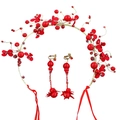 Set di gioielli da sposa rossi con fascia floreale di perline e orecchini a nappa lunga - Combinazione di Fascia per Capelli e Clip per Orecchie / Rosso