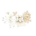 Detalle de peineta de novia con flores blancas hechas a mano, perlas y hojas doradas - Marfil
