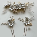 Three-piece bridal hair set with gold leaves, white pearls and floral hair comb - White Gold