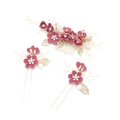 Detail of red floral bridal hair comb and pins set with gold leaves and pearls - Rose Red