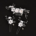 Three-piece bridal hair jewelry set with white fabric flowers and silver metal leaves - Silver