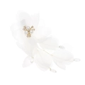 Detailed close-up of handmade white fabric flower hair clip with pearls and crystal beads - White