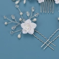 Handmade bridal hair set featuring white flowers, pearls, and crystals on silver wire pins - Silver Single Hairpin / Silver