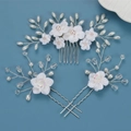 Handmade bridal hair comb and pins set with white flowers and pearls on blue background - Silver Hair Accessory 3pcs Set / Silver