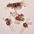 Bridal headpiece set with burgundy fabric flowers, golden leaves, and pearls - Red