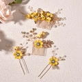 Handmade yellow floral hair comb and pin set with gold leaves for bridal wedding - Yellow
