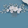 Handmade bridal hair comb with white flowers and teardrop pearls for wedding styles - Silver Single Hair Comb