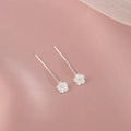 Minimalist S925 sterling silver camellia flower drop earrings on pink silk background - Silver Camellia Style
