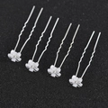 U-shaped hair pins with white five-petal flowers and silver wavy metal base for bridal hair - White Flower