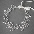 Elegant bridal hair vine with silver rhinestones and white satin ribbons on dark background - Silver Style 2 (100 Min Order)